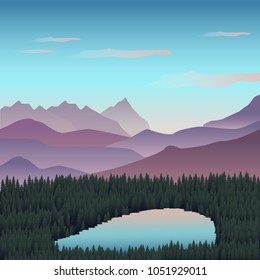 Vector banner with landscape illustration in flat design. Perfect for web design development, web page, flyer, promotion, application. Morning, mountains, lake, forest