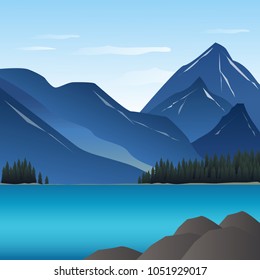 Vector banner with landscape illustration with mountains in flat design. Perfect for web design development, web page, flyer, promotion, application. 