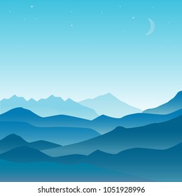 Vector banner with landscape with mountains at night in flat design. Illustration perfect for web design development, web page, flyer, promotion, application.
