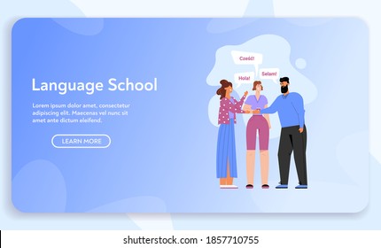 Vector Banner Of Language School Concept. People Greeting, Man Says Selam, Woman Says Hola Or Polish Hello. Foreign Phrases From Native Speakers. Character Illustration Of Education, Course, Training