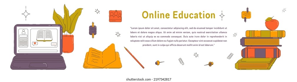 Vector Banner With Laptop, Books, Note Pad, Home Plant, Apple and Other Objects. Perfect for Websites, Social Media, Printed Materials, etc.