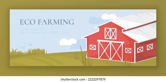 Banner vectorial con un granero rojo vintage grande en campo verde. Paisaje rural. Almacén de madera con techo blanco. Construcción agrícola. Escena rústica. Concepto de agricultura ecológica.