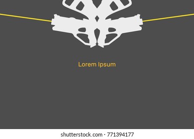 Vector banner for laser tag, flat gun design illustration shoots laser silhouette, text centered, white, gray, yellow