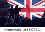 Vector banner with layered silhouettes of British army soldiers with rifles against the Union Jack flag. Military background with tanks. United Kingdom armed forces, war, and national power concept.