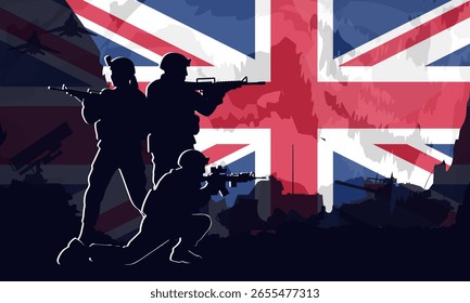 Anuncio de Vector con siluetas en capas de soldados del ejército británico con rifles contra la bandera de Union Jack. Fondo militar con tanques. Fuerzas armadas del Reino Unido, guerra y concepto de poder nacional.