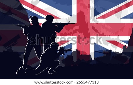 Vector banner with layered silhouettes of British army soldiers with rifles against the Union Jack flag. Military background with tanks. United Kingdom armed forces, war, and national power concept.