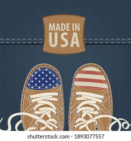 Vector Banner With Leather Patch And Stylized Shoes Or Sneakers With American Flag Colors On A Denim Background. Made In USA. Suitable For Flyer, Banner, Poster, Price Tag, Label