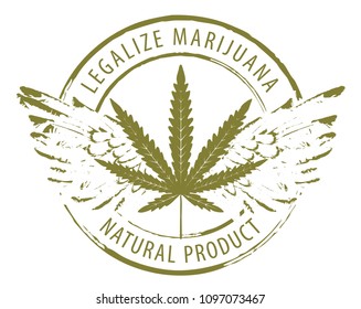 Vector banner for legalize marijuana with cannabis leaf and wings isolated on white background. Natural product of organic hemp. Smoke weed. Medical cannabis logo