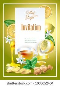 Vector banner with lemon, root and slices of ginger and mint  on golden background.  Design for invitation, tea,  cosmetics, menu, healthcare products. 