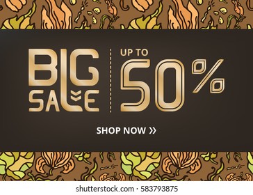 Vector banner with lettering big sale up to fifty percent shop now and pumpkins with leaves