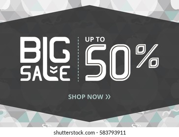 Vector banner with lettering big sale up to fifty percent shop now and geometrical pumpkins