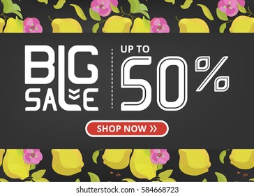 Vector banner with lettering big sale up to fifty percent shop now and quince with flower