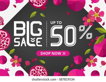 Vector banner with lettering big sale up to fifty percent shop now and pomegranate with flower