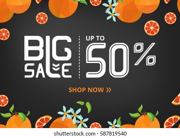 Vector banner with lettering big sale up to fifty percent shop now and grapefruit with flower