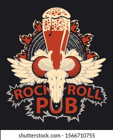 Vector banner with lettering Rock and roll pub, bull skull, white wings, beer glass, speaker and fire. Creative modern illustration, suitable for flyer, poster, menu, t-shirt design, tattoo