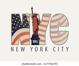 Vector banner with the letters NYC with the image of American flag and Statue of Liberty on light background