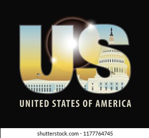 Vector banner with letters US with the image of the Capitol building Washington DC on dark background