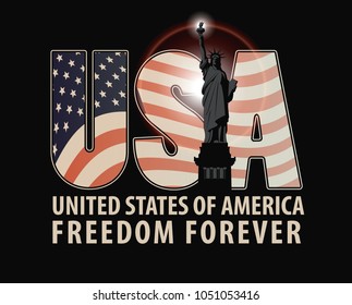 Vector banner with letters USA with the image of American flag, Statue of Liberty and the words United States of America on dark background