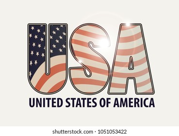 Vector banner with letters USA with the image of American flag and the words United States of America on light background
