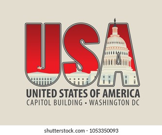 Vector banner with letters USA with the image of the Capitol building Washington DC and the words freedom forever on light background