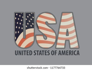 Vector banner with letters USA with the image of American flag and the words United States of America on grey background