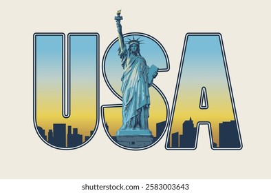 Vector banner with letters USA with Statue of Liberty silhouettes of skyscrapers inside letters on light background. Suitable for t-shirt design