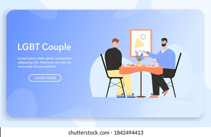 Vector Banner Of LGBT Couple Concept. Happy Gay Family Have Romantic Dinner, Eating At Cafe, Celebration At Restaurant. Character Illustration Of Love Diversity, Relationship, Equality And Rights