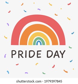 Vector Banner with LGBT rainbow. Social media post, story or poster template with community sign and colorful confetti. Card for pride day celebration. Gay parade. Flat style Illustration.
