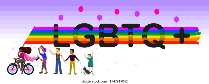 The vector banner of LGBTQ+ on rainbow flag, decorated with balloon , and people in different gender. 