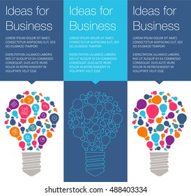 Vector banner with light bulb of idea. Vertical banner for education online courses. Colorful banner with ballon talk for business of idea. Tools and services for idea network designers on Hackathon
