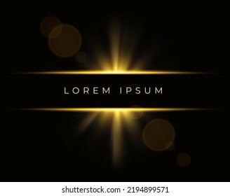 Vector banner with light golden flash and copy space. Glowing frame for text with bright yellow rays on dark background. Lens effect. Abstract, futuristic wallpaper. Space illustration