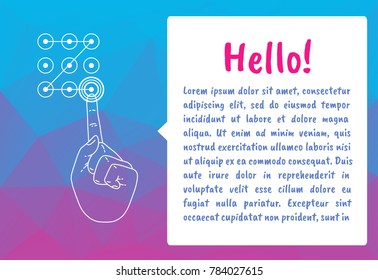 Vector banner in line style with hand and a mobile lock of a smartphone. Colorful abstract pink and blue background for presentation 