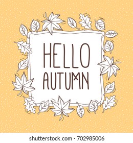 Vector banner with linear leaves. Hello Autumn.