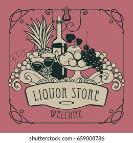 Vector banner for liquor store with a picture of a hand with a tray on which is a still life with two glasses of wine, bottle and fruits in an Art Nouveau style with a curly frame