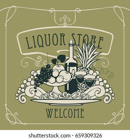 Vector banner for liquor store with a picture of a hand with a tray on which is a still life with two glasses of wine, bottle and fruits in an Art Nouveau style with a curly frame