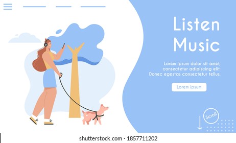 Vector Banner Of Listen Music Concept. Woman Walking Dog And Listening Music On Headphones. Blogging Concept. Character Illustration Of Subscriber Listens To Audio Podcast Or Live Radio Broadcast.