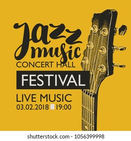 Vector banner for a live music festival with the inscription Jazz music and neck of the guitar in retro style on amber background