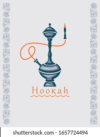 Vektorillustration-Banner, Logo oder Visitenkarte mit Hokah, Raucher-Gerät und Blumenschmuck. Illustration für die Speisekarte eines Restaurants oder Cafés mit orientalischer Küche und Hokah