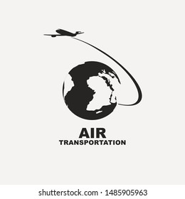 Vector banner, logo or icon with a passenger plane flying around the planet Earth. Black and white illustration. Air transportation.