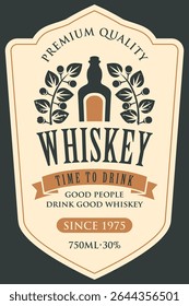 Vector banner, logo or label for whiskey with bottle and frame on old paper background. Heraldic coat of arms in vintage style with lily. No AI used