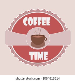 vector banner logo for menu  restaurant advertising morning hot drink coffee in cup emblem on a pink background