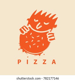 Vector banner or logo for pizza restaurant with the little man who eats pizza and inscription Pizza