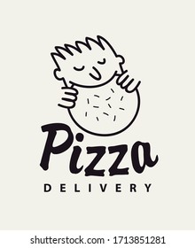 Banner vectorial o logo para una pizzería con la inscripción entrega de pizza y una pequeña persona que come pizza. Ilustración en blanco y negro de un restaurante de pizza con opción de pedido en línea