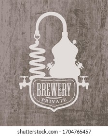 Vector banner with the logo of a Private Brewery printed on a wooden background. Suitable for bar, pub, brasserie, beer house, brewing company, tavern, restaurant. Craft beer production emblem