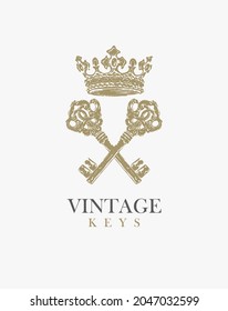 Vector banner or logo with two crossed vintage keys, a royal crown and an inscription. Illustration in retro style. Suitable for a real estate agency