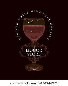 Anuncio de Vector con logotipo para una tienda de vinos o bar, menú de restaurante con una copa de vino tinto y una inscripción sobre un fondo negro