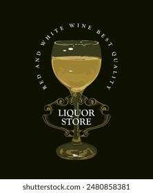 vector banner with logo for a wine shop or bar, restaurant menu with a glass of white wine and an inscription on a black background