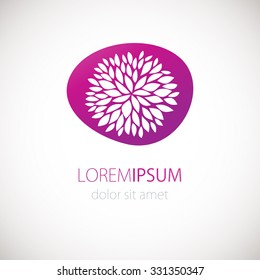  Vector banner. Logotype design with flower chrysanthemum on pink background. Hand drawn design elements. For beauty salon, health clinic, yoga and massage center.