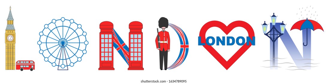 Vector banner of London word with city landmarks and symbols, big ben, london eye, phone booth, royal guard, lamp post, umbrella, brittish flag. Lettering London doodle illustration.