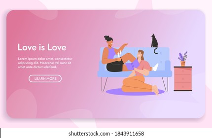 Vector banner of Love is love concept. Happy female LGBT couple or family living together spending time in living room. Character illustration of love diversity, relationship, equality and rights